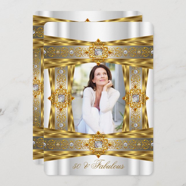 Fabulous 50 Eleganters Diamond Gem Guld White Phot Inbjudningar (Fram/baksida)