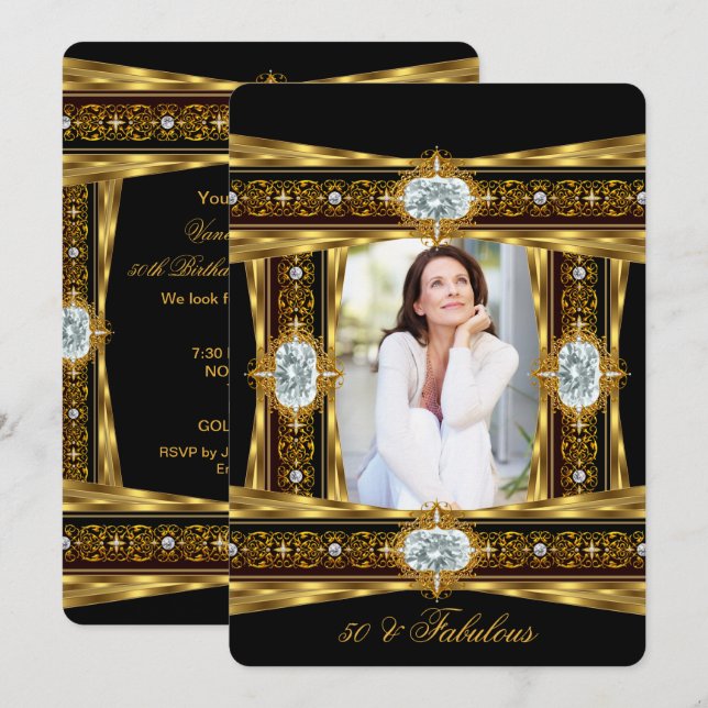 Fabulous 50 Elegants Diamond Gem Guld Black Photo  Inbjudningar (Fram/baksida)