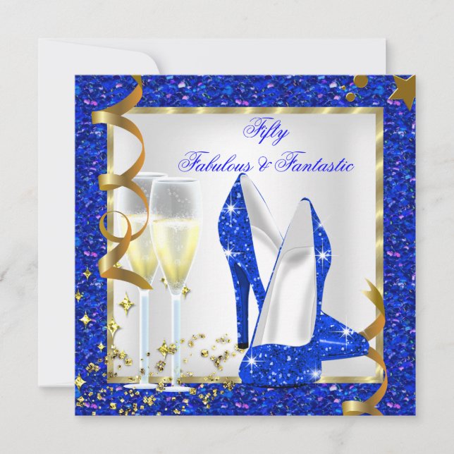 Fabulous 50 Fantastic Blue White Guld Birthday Inbjudningar (Framsida)