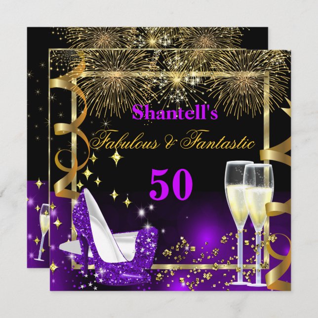 Fabulous 50 Fantastic Festive Lila Guld Party Inbjudningar (Fram/baksida)