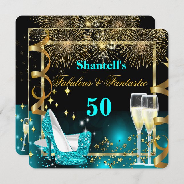 Fabulous 50 Fantastic Festive Teal Guld Party Inbjudningar (Fram/baksida)