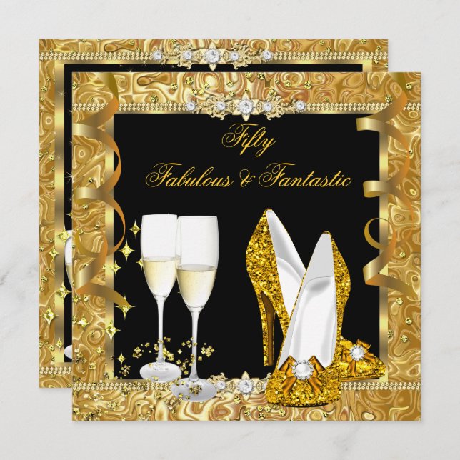 Fabulous 50 Fantastic Guld Black Födelsedagsfest 2 Inbjudningar (Fram/baksida)