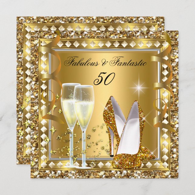 Fabulous 50 & Fantastic Guld Glam Silver Birthday Inbjudningar (Fram/baksida)