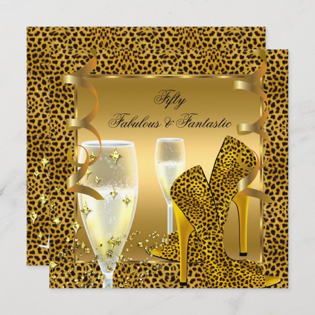 Fabulous 50 & Fantastic Leopard Black Guld Party 2 Inbjudningar (Fram/baksida)