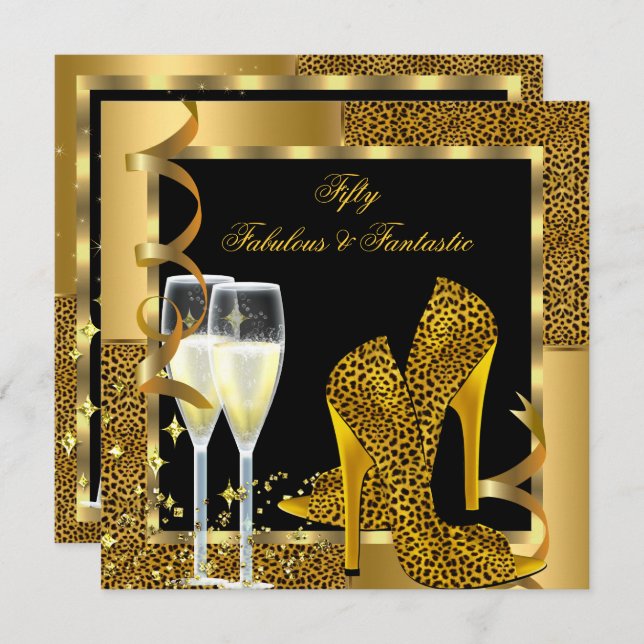 Fabulous 50 & Fantastic Leopard Black Guld Party Inbjudningar (Fram/baksida)