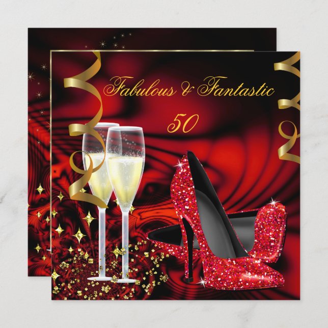 Fabulous 50 Fantastic Red Guld Abstrakt Birthday Inbjudningar (Fram/baksida)