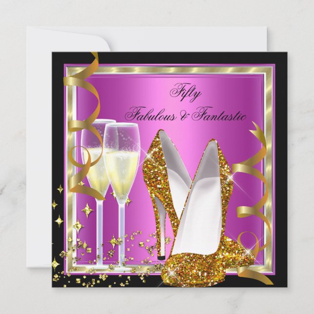 Fabulous 50 Fantastic Rosa Black White Guld Party Inbjudningar (Framsida)