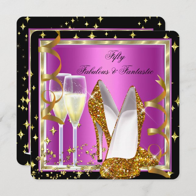 Fabulous 50 Fantastic Rosa Black White Guld Party Inbjudningar (Fram/baksida)