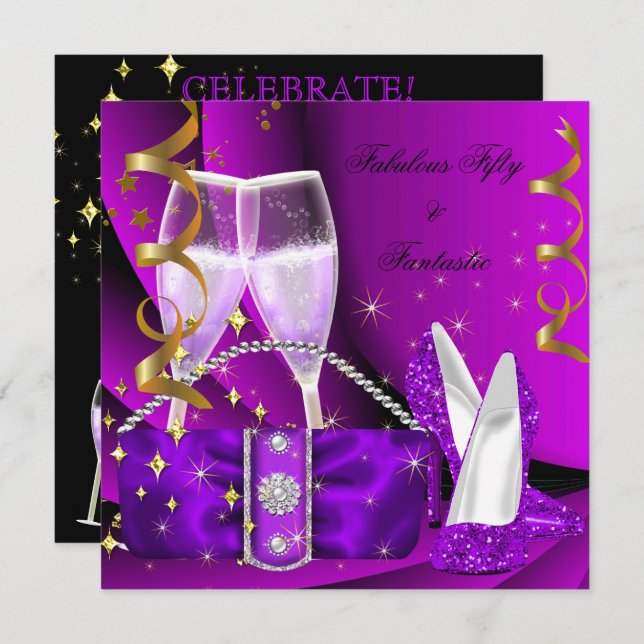 Fabulous 50 Fantastisk Lila Högklackar Birthday Inbjudningar (Fram/baksida)