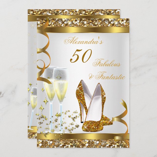 Fabulous 50 Fantastiska Guld Heels-Födelsedagsfest Inbjudningar (Fram/baksida)