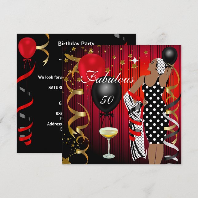 Fabulous 50 femtio Diva Birthday Black Red Balloon Inbjudningar (Fram/baksida)