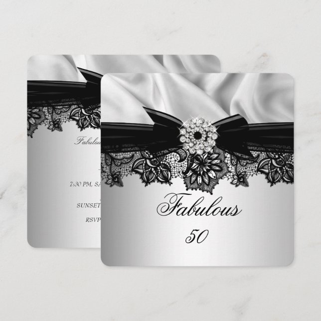 Fabulous 50 Fest Elegant Silver Svart Siden Smycke Inbjudningar (Fram/baksida)