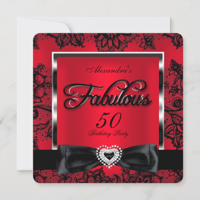 Fabulous 50-fest Röda Damask Svart Spets Inbjudningar (Framsida)