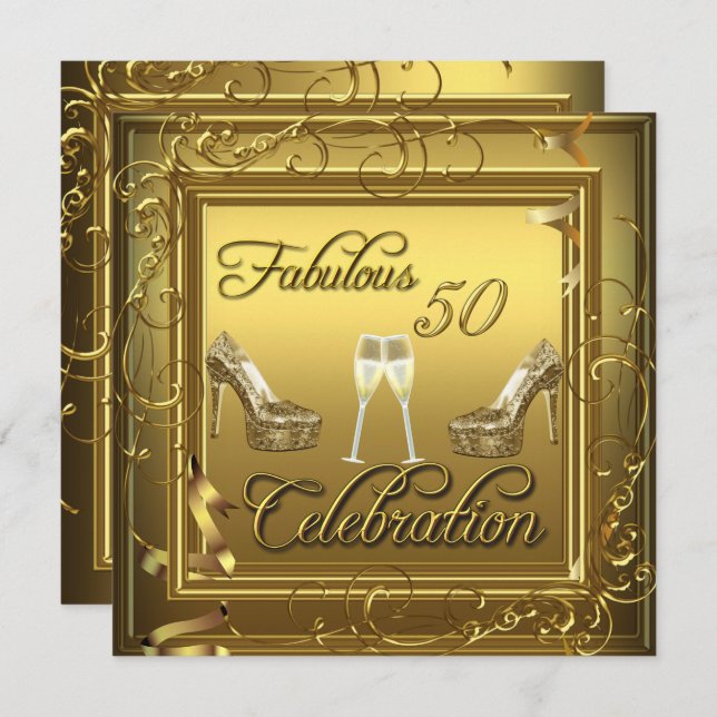 Fabulous 50 Firande Guld Black Champagne Inbjudningar (Fram/baksida)