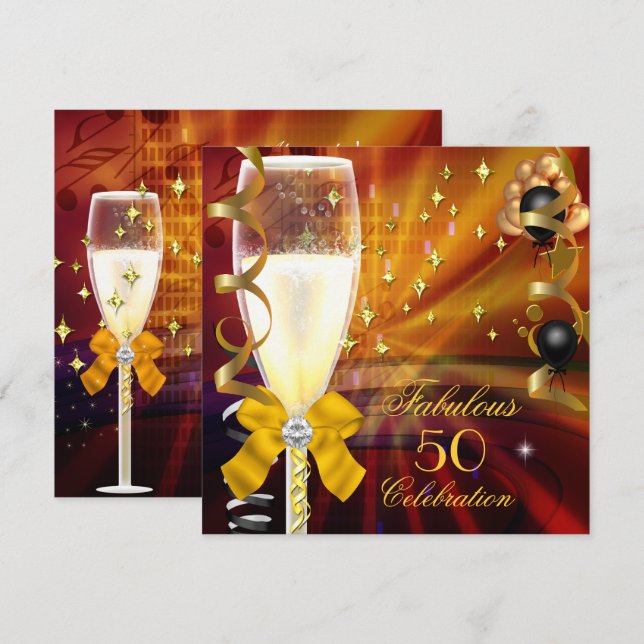 Fabulous 50 Födelsedagsfest Champagne Guld Black Inbjudningar (Fram/baksida)