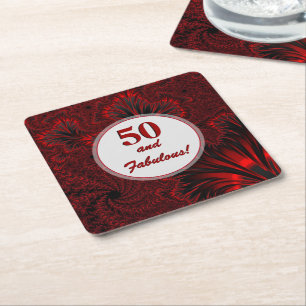 Fabulous 50 Glamous Shiny Red Fractal Birthday Underlägg Papper Kvadrat