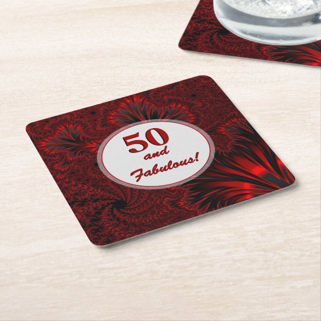 Fabulous 50 Glamous Shiny Red Fractal Birthday Underlägg Papper Kvadrat (Vinklad)