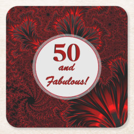 Fabulous 50 Glamous Shiny Red Fractal Birthday Underlägg Papper Kvadrat