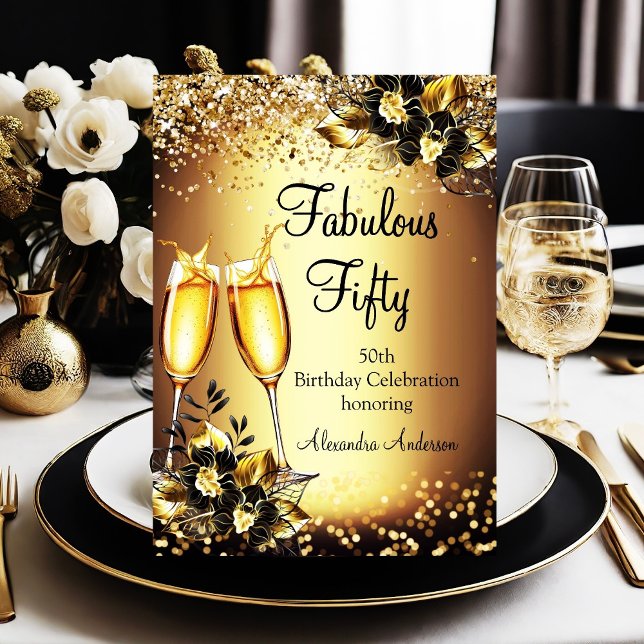 Fabulous 50 Glitter Bronze Guld Black Champagne Inbjudningar (Skapare uppladdad)
