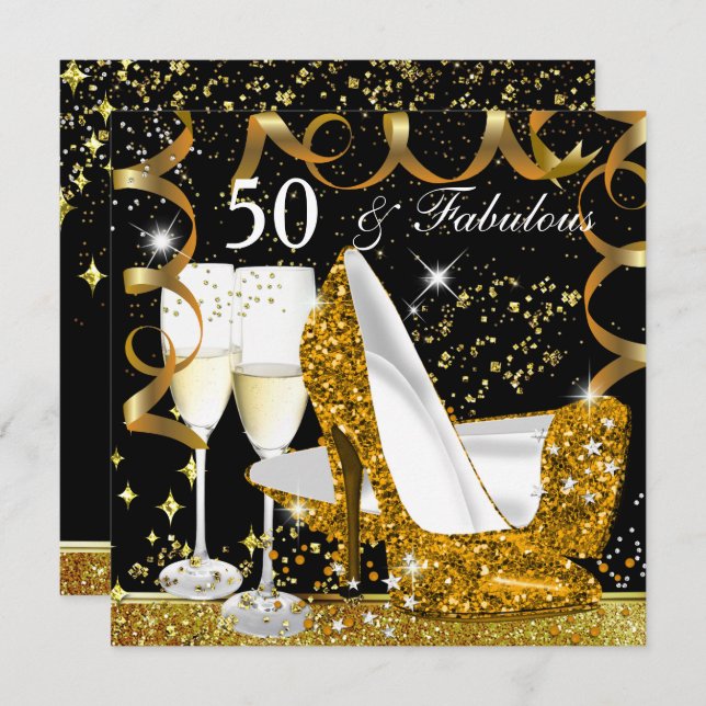 Fabulous 50 Glitter Guld Heel Glitz Glam Party Inbjudningar (Fram/baksida)