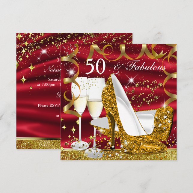 Fabulous 50 Glitter Heel Red Glitz Glam Party Inbjudningar (Fram/baksida)