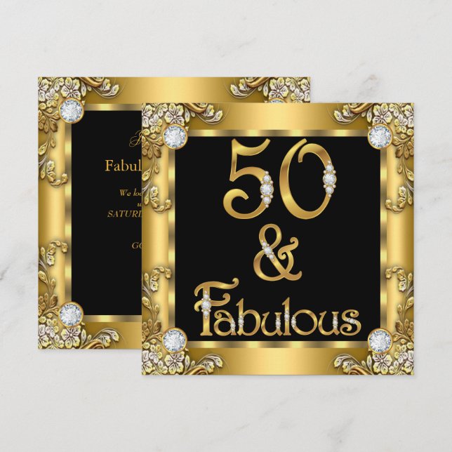 Fabulous 50 Guld Black 50:e Födelsedagsfesten Inbjudningar (Fram/baksida)