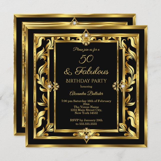Fabulous 50 Guld Black Damask Födelsedagsfest Inbjudningar (Fram/baksida)