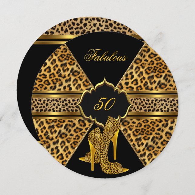 Fabulous 50 Guld Black Leopard Hi Heels Birthday Inbjudningar (Fram/baksida)