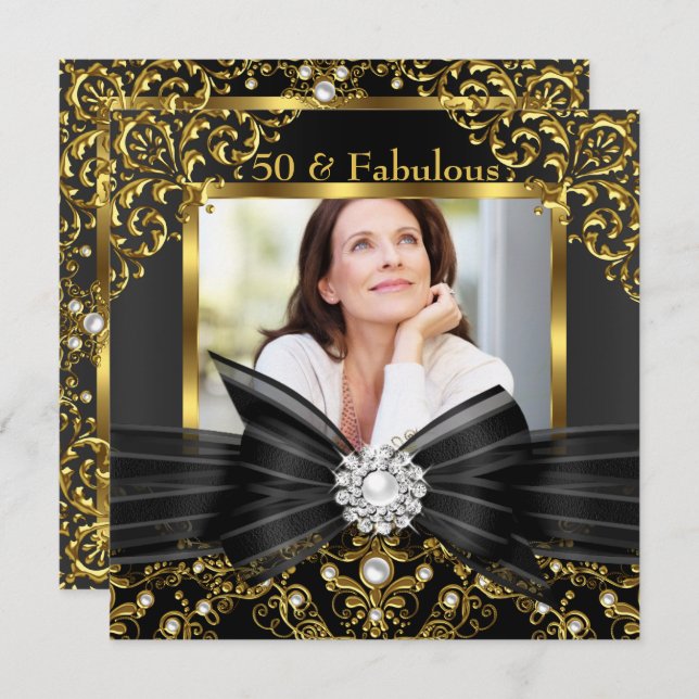 Fabulous 50 Guld Black Pearl Bow & Damask Birthday Inbjudningar (Fram/baksida)