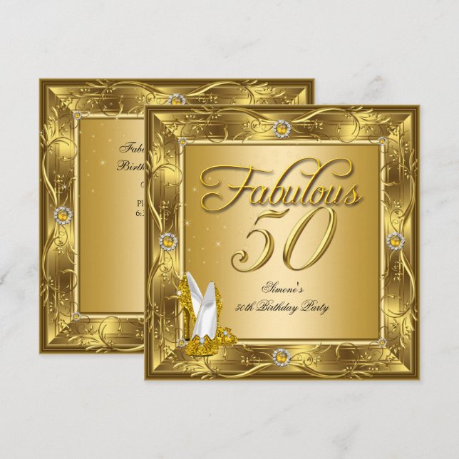 Fabulous 50 Guld Högklackar Födelsedagsfest Inbjudningar (Fram/baksida)