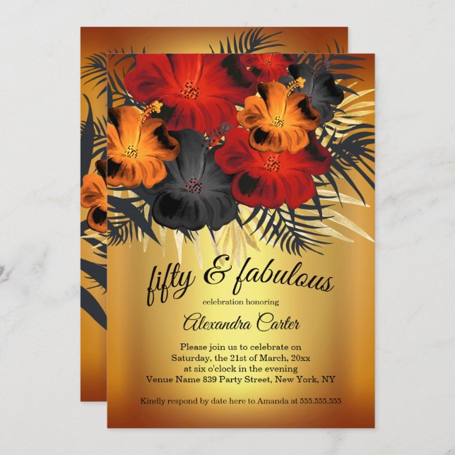 Fabulous 50 Guld Red Orange Black Hibiscus party Inbjudningar (Fram/baksida)