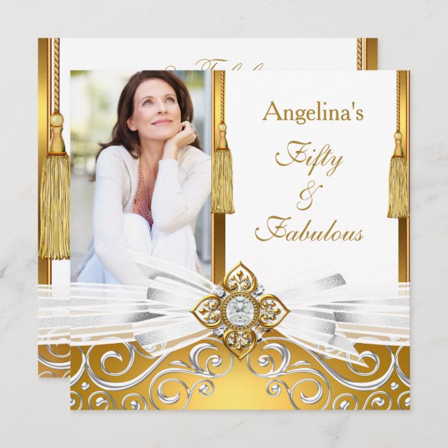 Fabulous 50 Guld White Damask Photo Födelsedagsfes Inbjudningar (Fram/baksida)