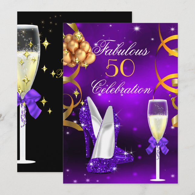 Fabulous 50 Lila Guld Heels Champagne Party Inbjudningar (Fram/baksida)