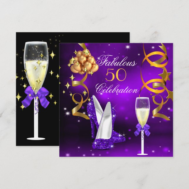 Fabulous 50 Lila Guld Heels Champagne Party Inbjudningar (Fram/baksida)