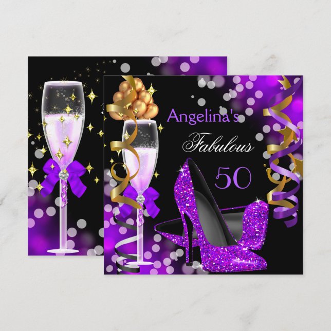 Fabulous 50 Lila Heels Guld Bubbles Birthday Inbjudningar (Fram/baksida)