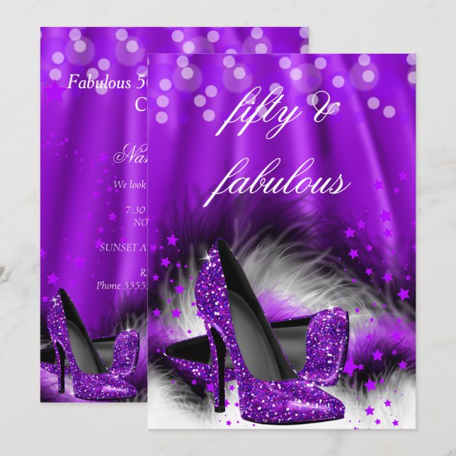 Fabulous 50 Lila Stars Högklackar Födelsedag 2 Inbjudningar (Fram/baksida)