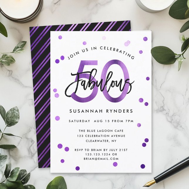 Fabulous 50 | Modern Elegant Lila Brush Birthday Inbjudningar (Skapare uppladdad)