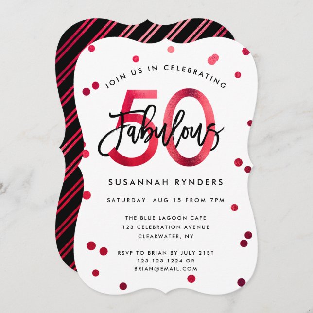 Fabulous 50 | Modern Elegant Red Brushed Birthday Inbjudningar (Fram/baksida)