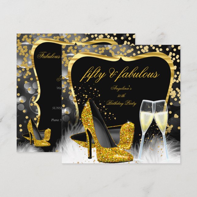 Fabulous 50 Party Black Guld Champagne High Heel Inbjudningar (Fram/baksida)