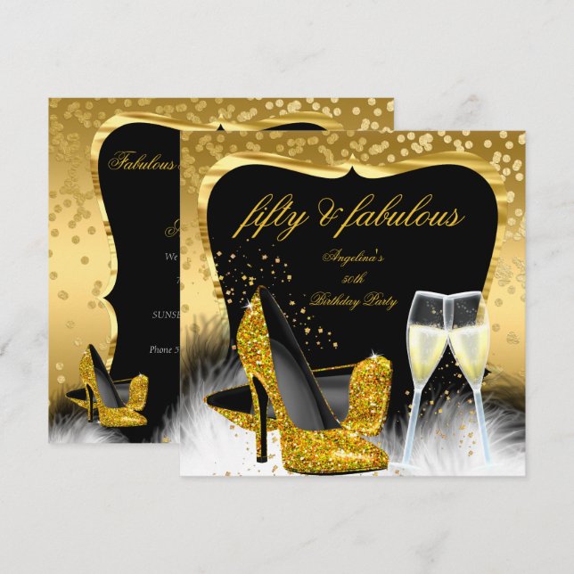 Fabulous 50 Party Guld Champagne Glitter Heels Inbjudningar (Fram/baksida)