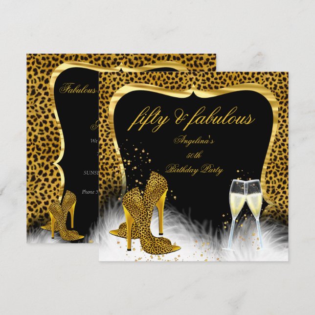Fabulous 50 Party Guld Champagne Leopard Inbjudningar (Fram/baksida)