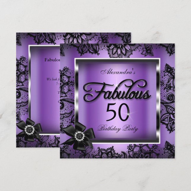 Fabulous 50 Party Lila Damask Black Snöre Pearl Inbjudningar (Fram/baksida)