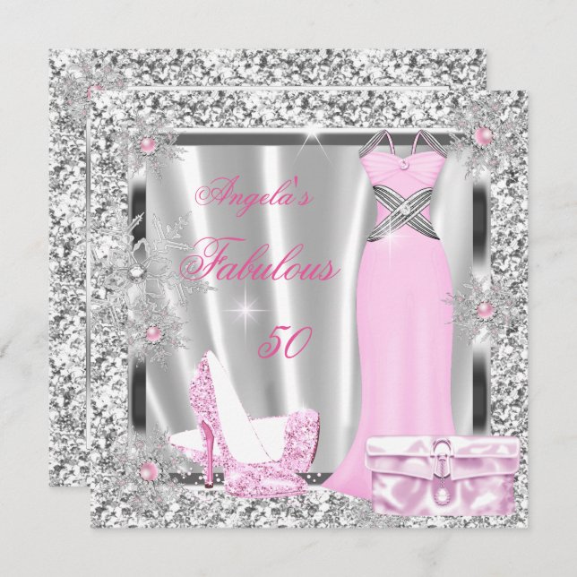 Fabulous 50 Party Ljusa rosa Silver Snöflingor Inbjudningar (Fram/baksida)