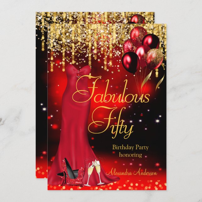 Fabulous 50 Party Red Glitter Guld Heels Dress Inbjudningar (Fram/baksida)