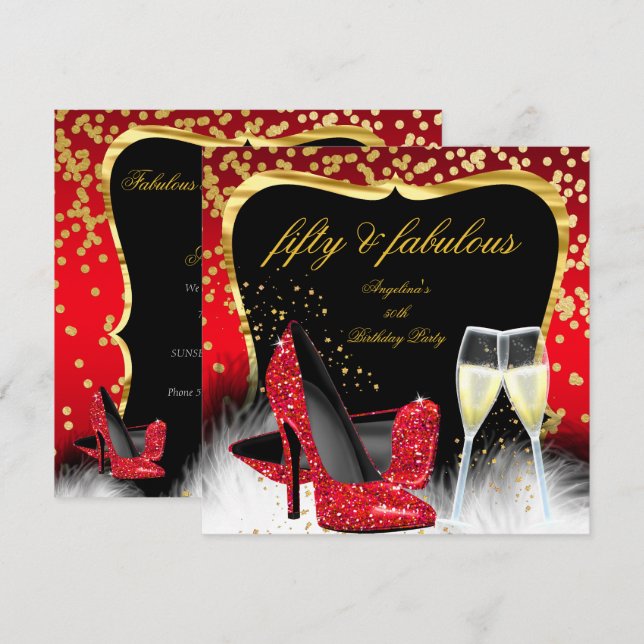 Fabulous 50 Party Red Guld Champagne Glitter Heels Inbjudningar (Fram/baksida)