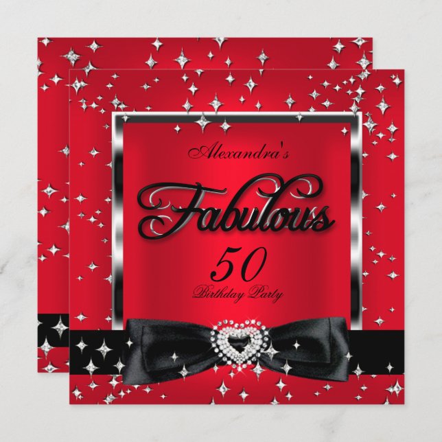 Fabulous 50 Party Red Silver Stars Black Inbjudningar (Fram/baksida)