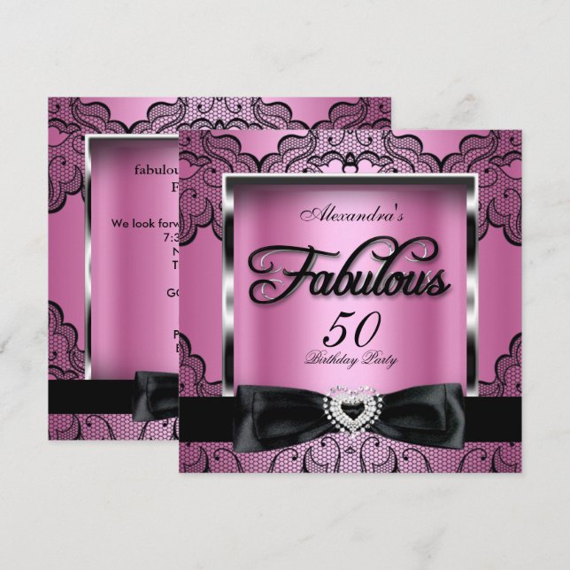 Fabulous 50 Party Rosa Damask Black Snöre Inbjudningar (Fram/baksida)