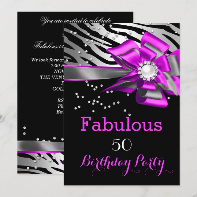 Fabulous 50 Party Rosa Zebra Black Silver Pearl Inbjudningar (Fram/baksida)