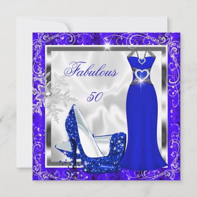 Fabulous 50 Party Royal Blue Silver Dress Heels S8 Inbjudningar (Framsida)