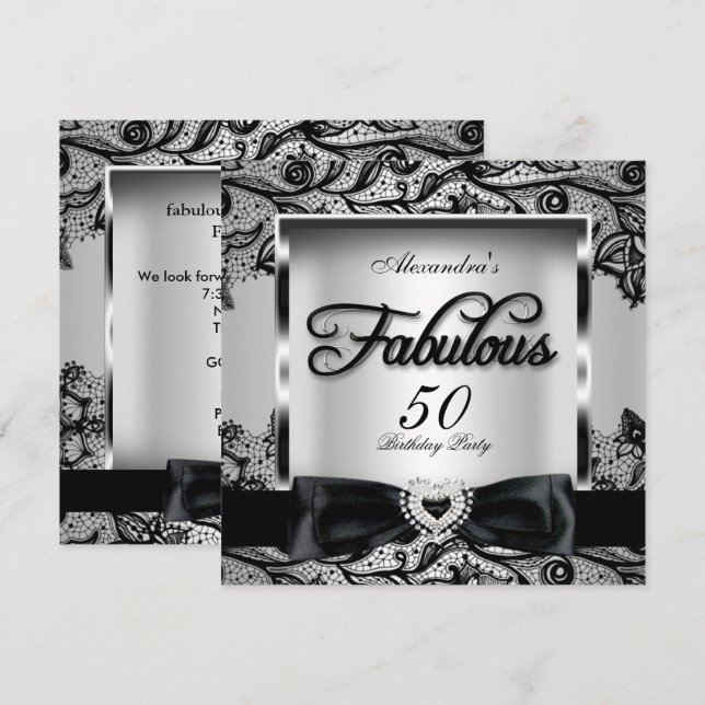 Fabulous 50 Party Silver Grått Damask Black Snöre  Inbjudningar (Fram/baksida)
